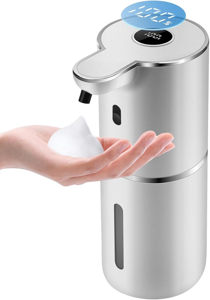 Automatic Foaming Soap Dispenser 12.8oz, Rechargeable & 6 Levels Foaming Adjustable with Digital Display, Wall Mount, Waterproof, Touchless Hand/Dish Soap Dispenser for Kitchen, Bathroom, Hotel