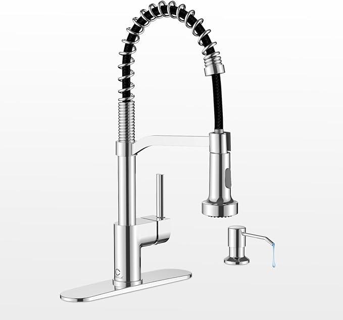 Chrome Kitchen Faucet with Soap Dispenser, Faucet for Kitchen Sink, Kitchen Sink Faucet with Deck Plate, RV Kitchen Faucet with Pull Down Sprayer and Dual Function Spray Head