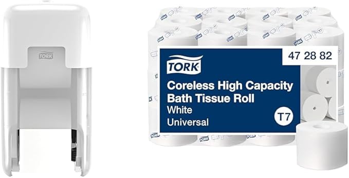 Tork OptiServe 2-Roll Coreless Toilet Paper Dispenser White T7/T5, Vertical Dispenser, Elevation Design + Tork Coreless High-Capacity Toilet Paper Roll White T7, Universal, 2-ply, 36 x 1100 Sheets