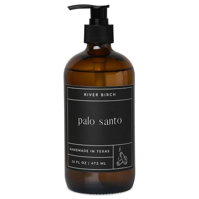River Birch Palo Santo Scented Natural Hand Soap - Handmade Soap - Moisturizing Hand Wash with Amber Glass Dispenser - Luxury Scented Hydrating Hand Soap - Vegan and Non-Toxic - 16 Fl Oz