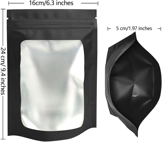 STUs 100 Pack Stand-Up Smell Proof Bags 6.3 x 9.4 Inch Resealable Mylar Bags with Clear Window Foil Pouch Flat Bag Matte Black