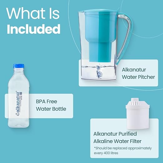 Alkanatur Drops Low Emission Water Filter Pitcher - Hydrogenates + Ionizes + Provides Magnesium Removes Chlorine, Metals, Fluorides, Microplastics, and More - Certifeid UNE 149101:2015