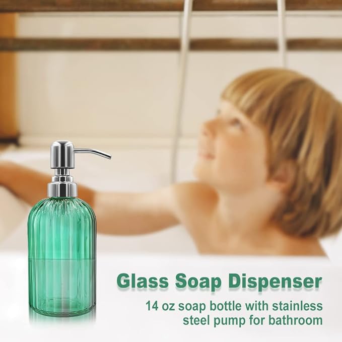 14 Oz Glass Soap Dispenser with 304 Rust Proof Stainless Steel Pump, Refillable Hand Liquid Soap Dispenser for Bathroom, Kitchen, Countertop, Laundry Room (Green)