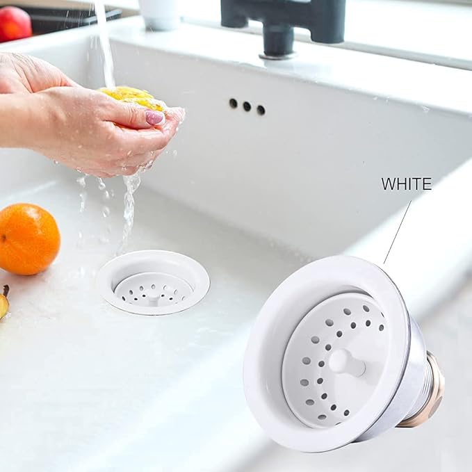 3-1/2 Deep Cup Kitchen Sink Drain Assembly, 304 Stainless Steel Construction With Fixed Post Basket and Long Extended Shank/CAS Approved and White Finish