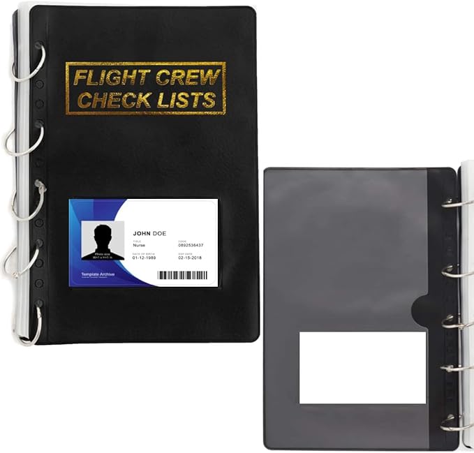 Performore Flight Crew Checklist Binder (Black) with 5 Loose Leaf Rings - Includes 25 Sheet Protectors and Business Card Size Pocket ON Front Cover for Label, for 8" X 5" Paper