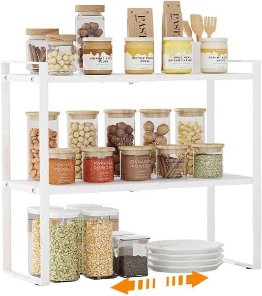 2 Tier Cabinet Shelf Expandable Cupboard Under Sink Countertop Organizer Riser Rack for Kitchen Pantry Home Organization Extra Storage Space Saver Heavy Duty