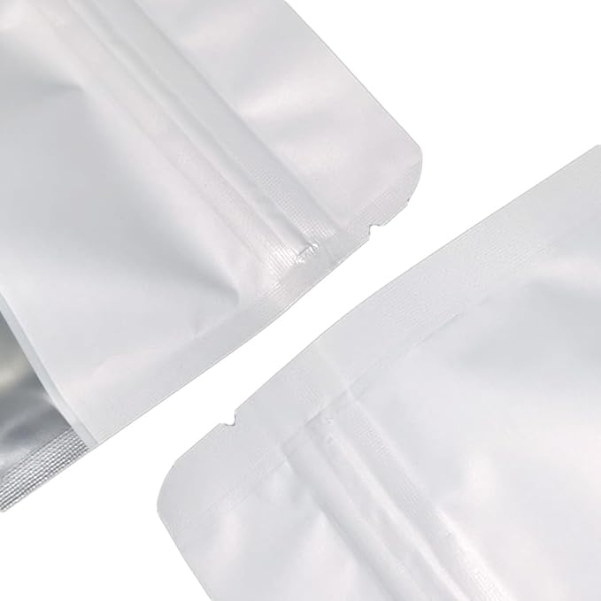 4CP 100 Pcs 3.5x5.0 Inch Zipper Smell Proof Bags with Window, Stand Up Foil Pouches for Food Selfsealing Storage, Reusable Bag for Packaging Small Business, Cookies, Nunt, Candy White