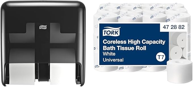 Tork OptiServe 4-Roll Coreless Toilet Paper Dispenser Black T7/T5, Vertical Dispenser, Elevation Design + Tork OptiServe Coreless Toilet Paper White T7, Universal, 2 Ply, 36 x 1000 Sheets