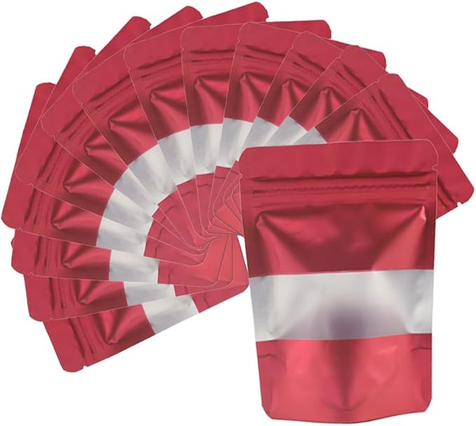 4CP 100 Pcs Red Zipper Smell Proof Bags with Window, 6.3x9.5 Inch Stand Up Foil Pouches for Food Selfsealing Storage, Reusable Bag for Packaging Small Business, Cookies, Nunt, Candy