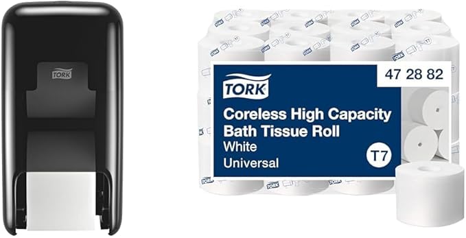 Tork OptiServe 2-Roll Coreless Toilet Paper Dispenser Black T7/T5, Vertical Dispenser, Elevation Design + Tork OptiServe Coreless Toilet Paper White T7, Universal, 2 Ply, 36 x 1000 Sheets