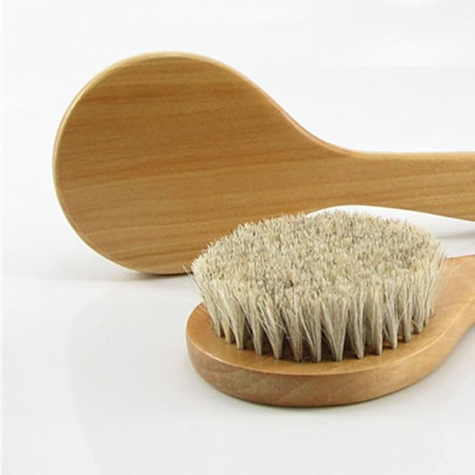 7.87” Short Handle Dry Bath Body Brush Scrubber, Wood Handle Soft Horsehair Mane Natural Bristles Shower Brush, Good for Cellulite, Detox, Exfoliating, Blood Circulation, etc.