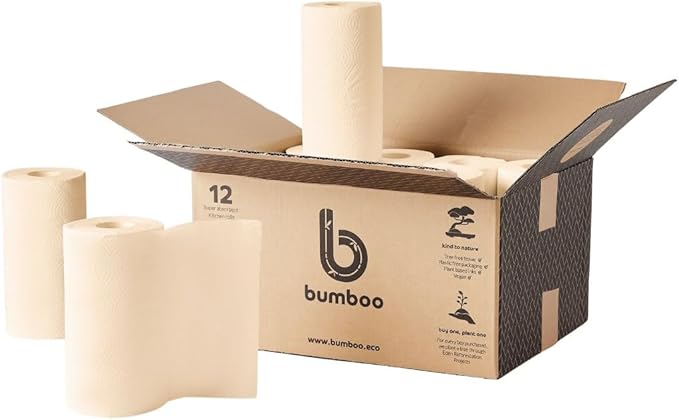 Bumboo |100% Bamboo Unbleached Kitchen Rolls | Pack of 12 Rolls (2-Ply) | FSC Certified | Multipurpose, Plastic-Free, Eco-Friendly, Super Absorbent, Strong & Sustainable