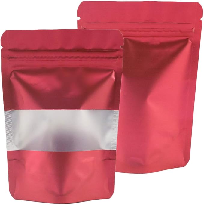 4CP 100 Pcs Red Zipper Smell Proof Bags with Window, 6.3x9.5 Inch Stand Up Foil Pouches for Food Selfsealing Storage, Reusable Bag for Packaging Small Business, Cookies, Nunt, Candy