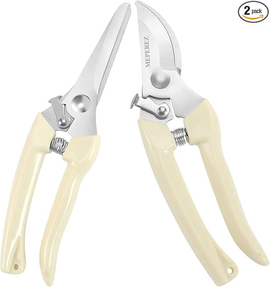 Premium garden shears, meperez pruning scissors gardening tools, pruners for flower, bushes, rose and fruit tree, use for florist, yard and orchard the plant clippers, sharp white steel anvil snips, 2