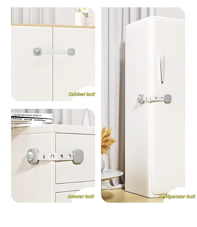 Refrigerator Lock (2 Pack) Child Safety Cabinet Drawer Door Latches Adjustable Strap,3M Adhesive Cabinet Drawer Door Lock No Screws & Magnets Multi-Purpose for Furniture Kitchen Ovens Toilet Seats.
