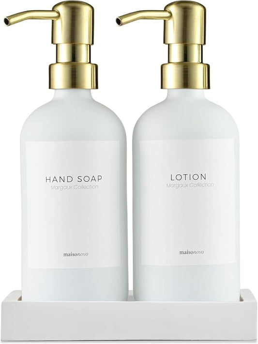 MaisoNovo Soap Dispenser 3-Piece Set | 16.9oz White Bottles with Gold Stainless Steel Pumps
