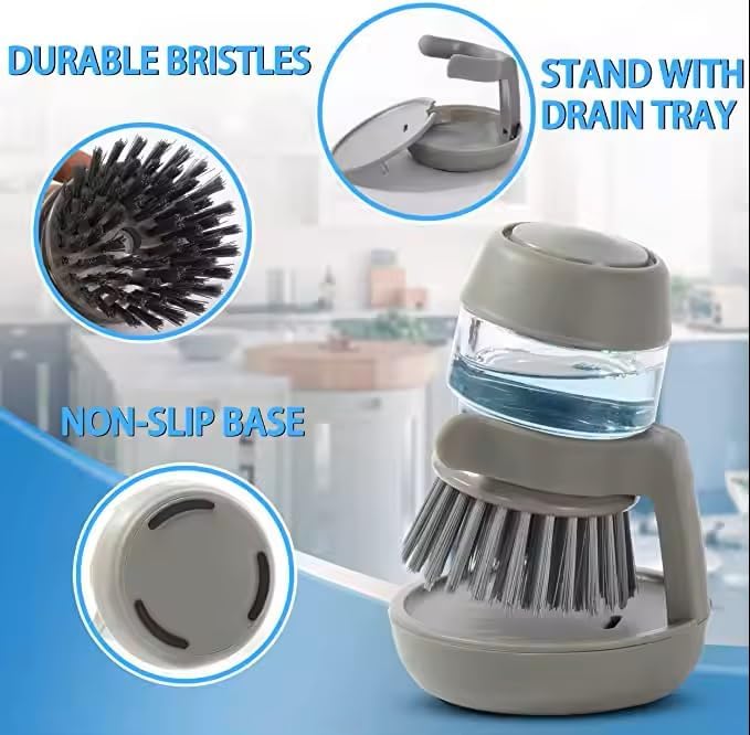 Soap Dispenser Palm Dish Brush with Storage Bracket – Drainage Base, Easy-to-Clean Kitchen Utensil Cleaner | Includes Extra Soft Bristle Brush Head (Gray)