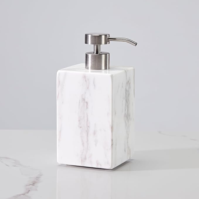 White Marble Soap Dispenser, Natural Organic Marble Soap Pump with Metal Push Pump, Elegant Square Hand Lotion Jar, Premium Heavy Duty Pump Bottle, Lotion Jar for Kitchen, Bathroom, Laundry Room