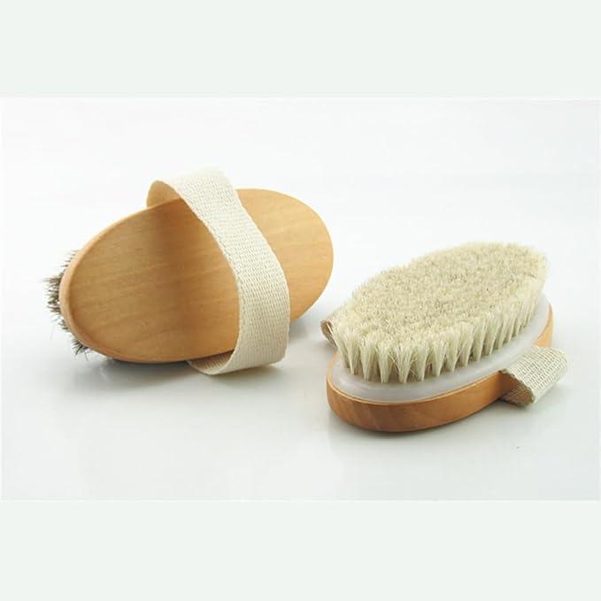 Wooden Soft Horsehair Mane Natural Bristles Bath & Shower Brush, 5x2.8 Inch Oval Shape Dry Body Brush Scrubber for Exfoliating, Detox and Cellulite, etc. (White Horsehair)