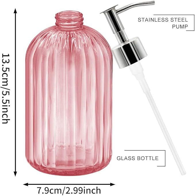 2 Pack Pink Glass Soap Dispenser Bottle with Pump, 14 Oz Refillable Liquid Hand Jar Dispenser for Bathroom, Countertop, Kitchen, Laundry Room
