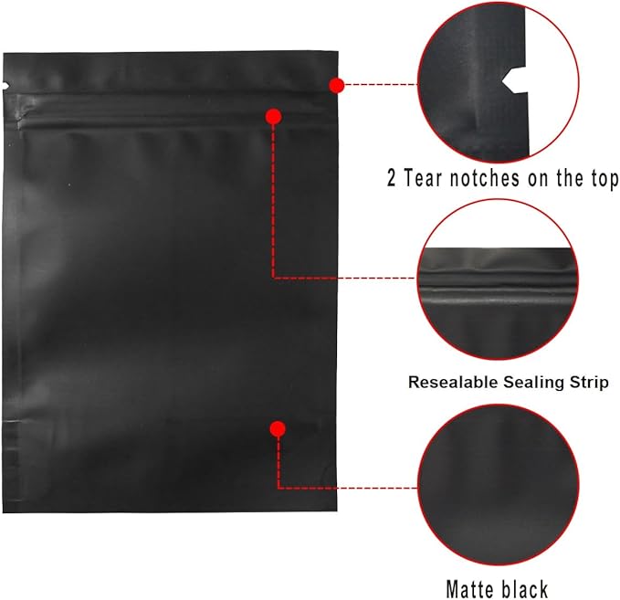 STUs 100 Pack Mylar Stand-Up Bags 5.5 x 7.9 Inch Smell Proof Bags Foil Pouch Double-Sided Mylar Bag Matte Black