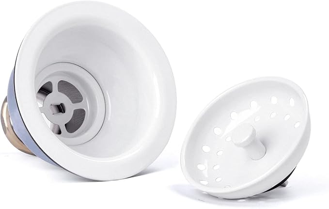 3-1/2 Deep Cup Kitchen Sink Drain Assembly, 304 Stainless Steel Construction With Fixed Post Basket and Long Extended Shank/CAS Approved and White Finish