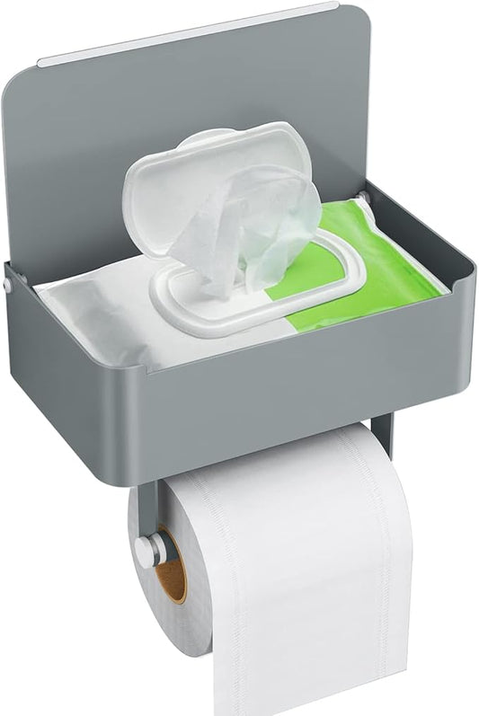 JUYSON Toilet Paper Holder with Shelf, Flushable Wipes Dispenser Fits for Bathroom Wipe Storage, Keep Your Wipes Hidden Out of Sight - SUS304 Stainless Steel Wall Mount Organizer (Grey)