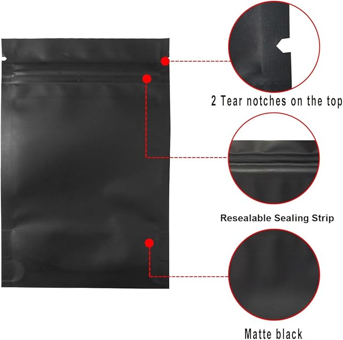 STUs 100 Pack Smell Proof Bags 3.1 x 5.1 Inch Resealable Stand-Up Mylar Bags Foil Pouch Double-Sided Pouch Matte Black