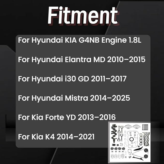 G4NB 1.8L Engine Overhaul Rebuild Kit w/Crankshaft Con-rod Piston Kit Timing Chain Kit VVT Sprocket Fit For Hyundai Elantra Kia Forte 2012-2016 Replaces OE #23110-2E711 622V6-2EH00 23041-2E100