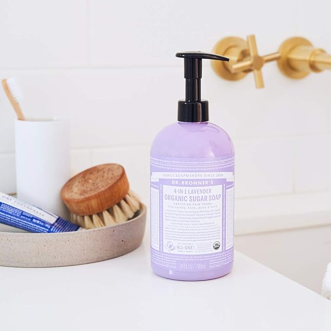 Dr. Bronner's Organic Sugar Soap (Lavender, 64 Ounce)- Made with Organic Oils, Sugar & Shikakai Powder, 4-in-1 Uses: Hand and Body Wash, Face, Hair- Cleanses, Moisturizes, Nourishes, Vegan