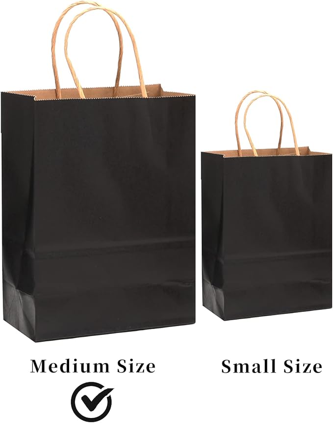 qiqee 60 pcs Kraft Bags with Handles 7.6"x4.75"x10.5" Medium Gift Paper Bag Black Solid Color Bags
