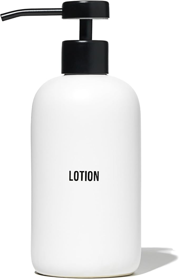 Public Goods Ceramic Lotion Dispenser Pump for Bathroom | Hand & Body Lotion Refill Bottle | Made Stoneware and Black Stainless Steel | 12 Oz Dispenser