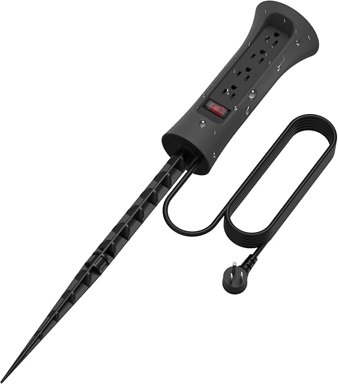 CCCEI Outdoor Power Strip Weatherproof with Stake, Waterproof Extension Cord with Multiple Outlets, Christmas Exterior Garden Decor, Yard, Camping, 4 Plugs, Surge Protector 25FT, Black.