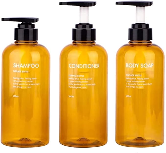3 Pack Shampoo Bottle Pump Dispenser, 500ml Empty Plastic Soap Dispenser Bottle with Pump for Bathroom, Kitchen or Hotel, Refillable Dispenser for Lotion, Shower Gel and Conditioner (Amber-FBM)