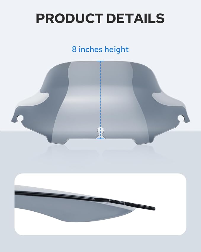 Benlari 8" Smoke Wave Windshield Windscreen Fit for 1996-2013 Harley Davidson Touring Street Glide Electra Glide Tri Glide FLHT FLHX FLHTK FLHTC FLHTCU