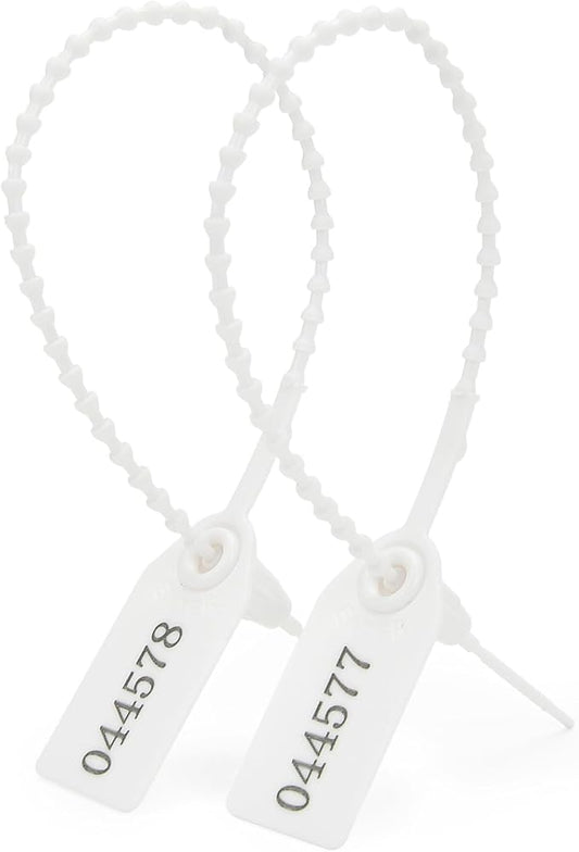 200pcs Plastic Security Tamper Seals Shipping Tags Disposable Signage Numbered Pull Tight Padlock Safety Self-Locking Seal Ties Tag, White