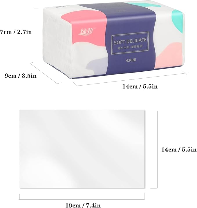 6 Packs Small Disposable Facial Tissues, Facial Napkins, Toilet Paper, Material Native Wood Pulp Fiber NOT COTTON, White Facial Paper, 5-Ply, 420 Sheets per Pack