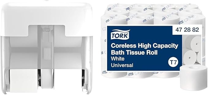 Tork OptiServe 4-Roll Coreless Toilet Paper Dispenser White T7/T5, Vertical Dispenser, Elevation Design + Tork OptiServe Coreless Toilet Paper White T7, Universal, 2 Ply, 36 x 1000 Sheets