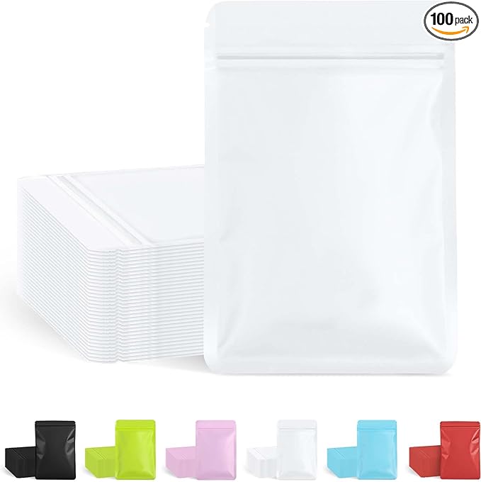 FireKylin 100 Pack Resealable Packaging Bags for Small Business Double-Sided Color Smell Proof Bags for Food Storage Flat Bags (White, 4.7" x 7.1")