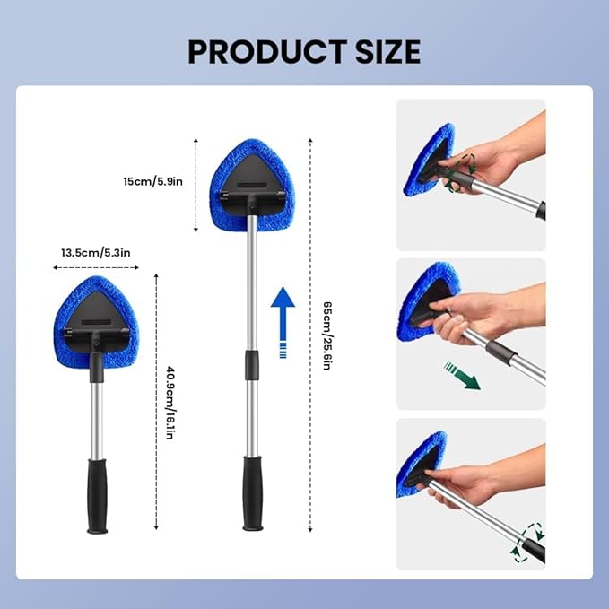 Car Windshield Cleaning Tool Set, Interior Exterior Auto Glass Cleaner Kit with Extendable Handle and 4 Reusable Microfiber Pads for Cars Trucks and Home (Green)