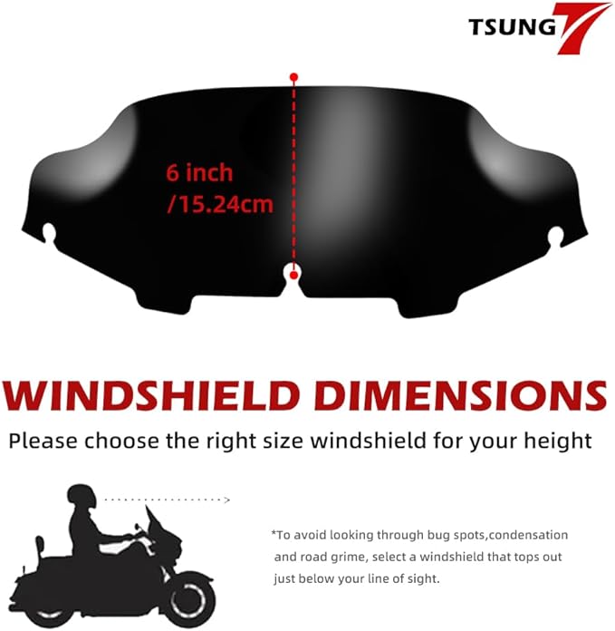 TSUNG 6" Black Wave Windshield – Wind Splitter Windscreen Fit for 1996-2013 Touring-Style & Bagger-Style Motorcycles (Fit 96-13 Black, 6inch)