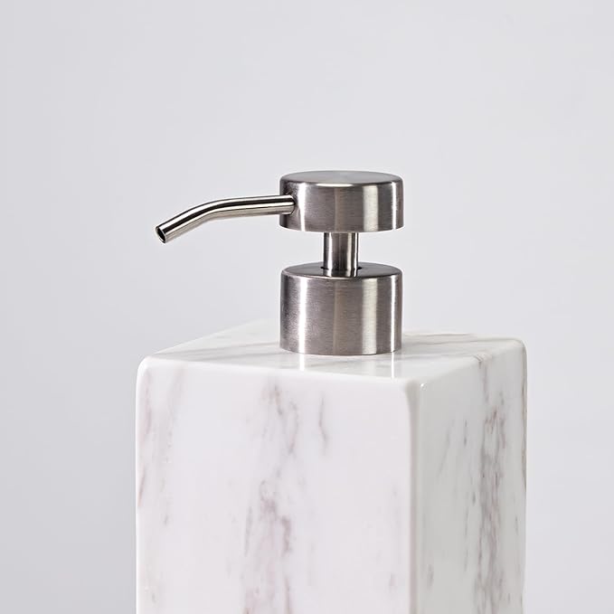 White Marble Soap Dispenser, Natural Organic Marble Soap Pump with Metal Push Pump, Elegant Square Hand Lotion Jar, Premium Heavy Duty Pump Bottle, Lotion Jar for Kitchen, Bathroom, Laundry Room