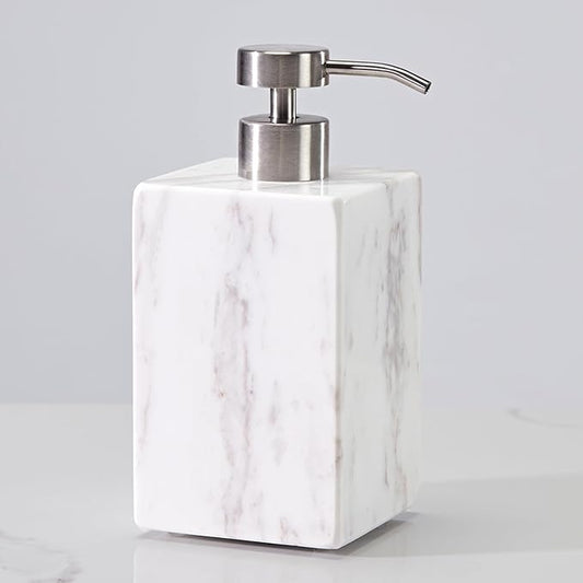 White Marble Soap Dispenser, Natural Organic Marble Soap Pump with Metal Push Pump, Elegant Square Hand Lotion Jar, Premium Heavy Duty Pump Bottle, Lotion Jar for Kitchen, Bathroom, Laundry Room