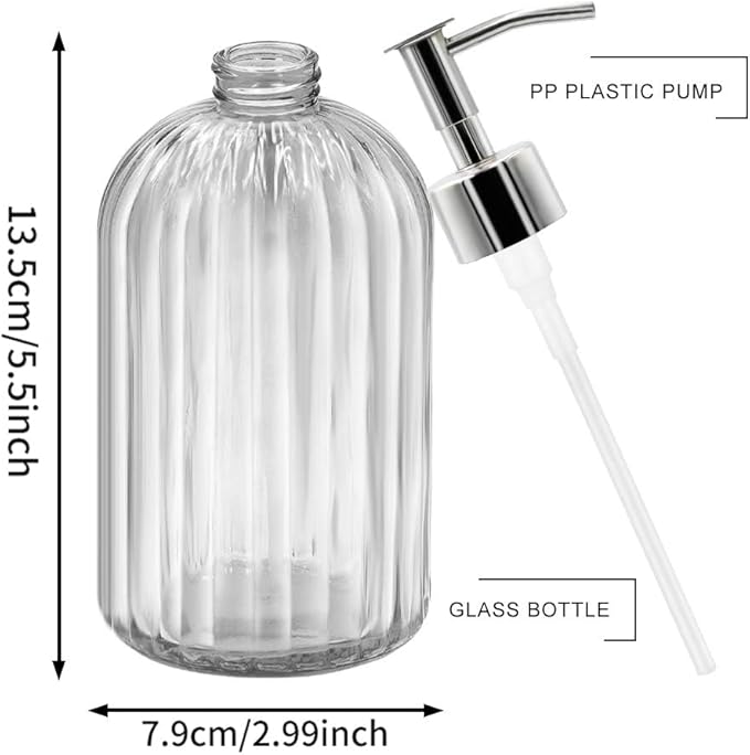 2 Pack Clear Glass Soap Dispenser Bottle with Pump, 14 Oz Refillable Liquid Hand Jar Dispenser for Bathroom, Countertop, Kitchen, Laundry Room