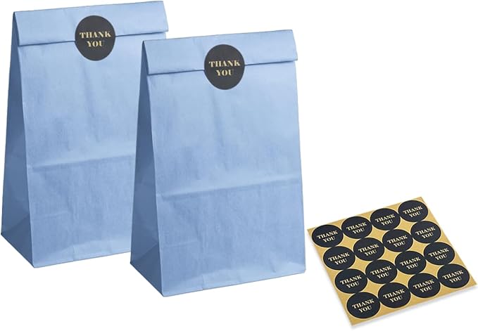 Bakepacker 100 Pcs Light Blue Treat Paper Bags with 100 Stickers 5.1"x3.1"x9.4" Small Party Gift Bag Snack Bag without Handle