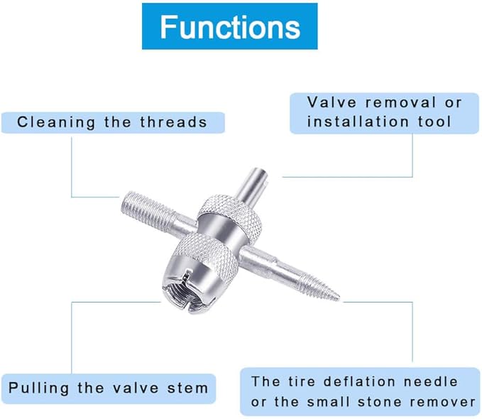 Riseuvo 6Pcs Tire Valve Stem Removal Tool - Single and Double Heads Valve Core Remover, 4-Way Valve Tool Great Tire Repair Tool, 10pcs Valve Stem Caps, 20pcs Valve Stem Core
