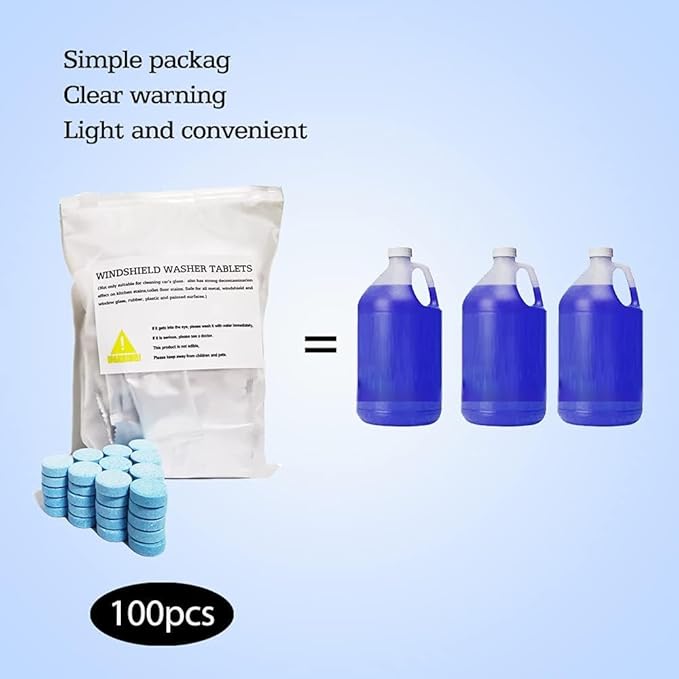 100 Pcs Atuo Windshield Washer Tablets,Windshield Wiper Fluid,1 Pack Makes 105 Gallons,1 Piece Makes 1.05 Gallons(Winter: Use With De-icer or Methanol)