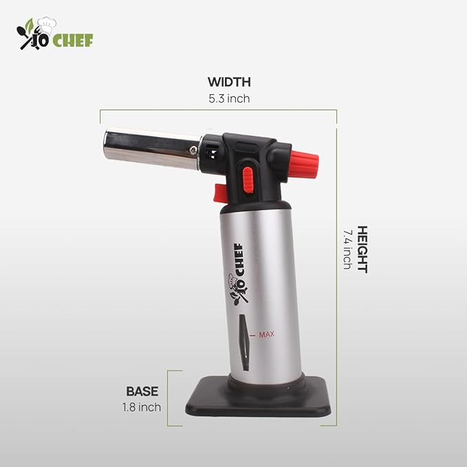 Jo Chef Kitchen Torch with Butane Included – Refillable Lighter with Safety Lock & Adjustable Flame, Blow Culinary Torch for Cooking, BBQ, Creme Brulee, DIY and Soldering - 1 Can (3.38oz) Included