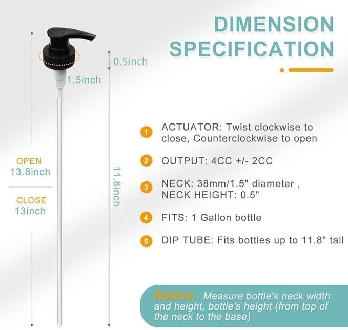 Gallon Pump Dispenser, Fits Most 1 Gallon Jugs and Containers 38/400 Snow Cone Syrup Pump Lid Top Replacement for Sanitizer, Lotion, Shampoo, Conditioner (Balck - 6 Pack)