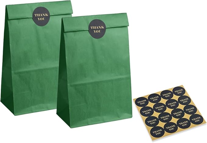 Bakepacker 100 Pcs Deep Green Treat Paper Bags with 100 Stickers 5.1"x3.1"x9.4" Brown Kraft Small Party Gift Bag Snack Bag without Handle